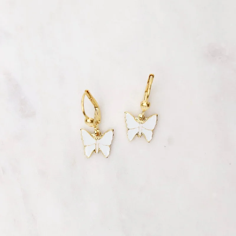 Gold White Enamel Butterfly Earrings