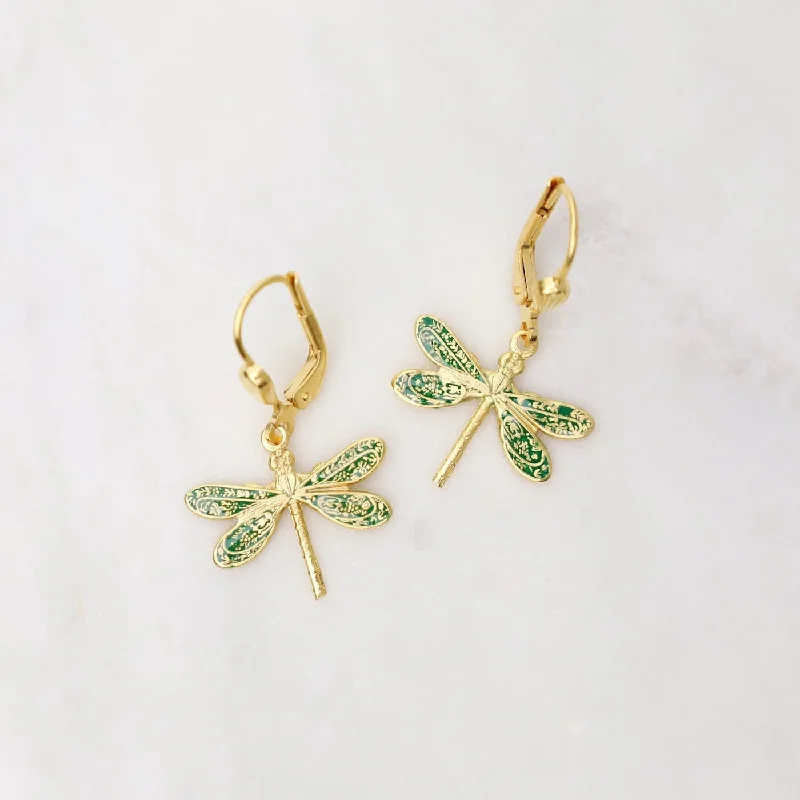 Gold Green Enamel Dragonfly Earrings