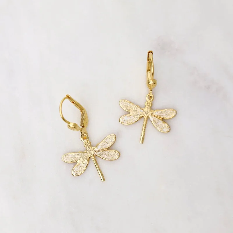 Gold White Enamel Dragonfly Earrings