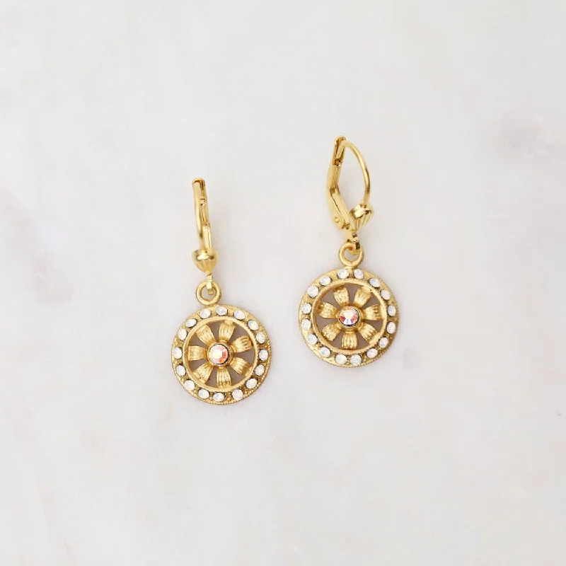 Gold Flower Earrings - Aurora Borealis Crystal