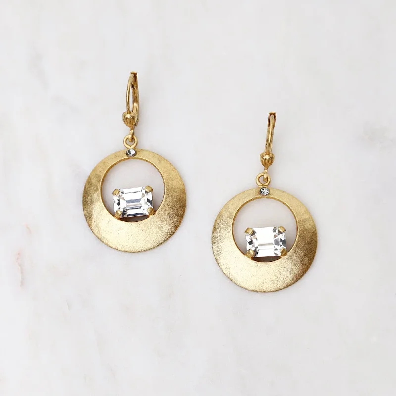 Gold Hammered Disc with Clear Crystal Earrings