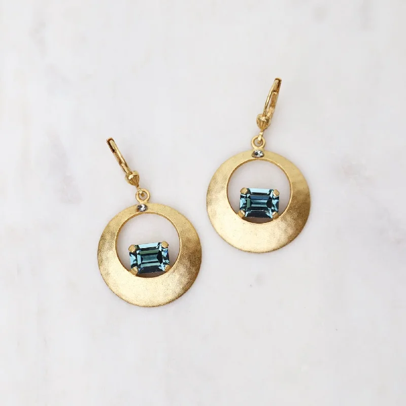 Gold Hammered Disc with Midnight  Crystal Earrings