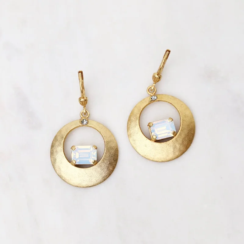 Gold Hammered Disc with White Opal Crystal Earrings