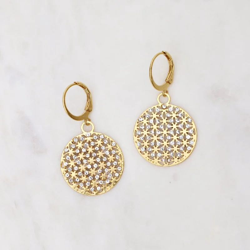 Gold Round Lattice & Crystal Earrings