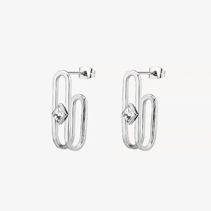 Stainless Steel Bent Oval Earrings with Crystals