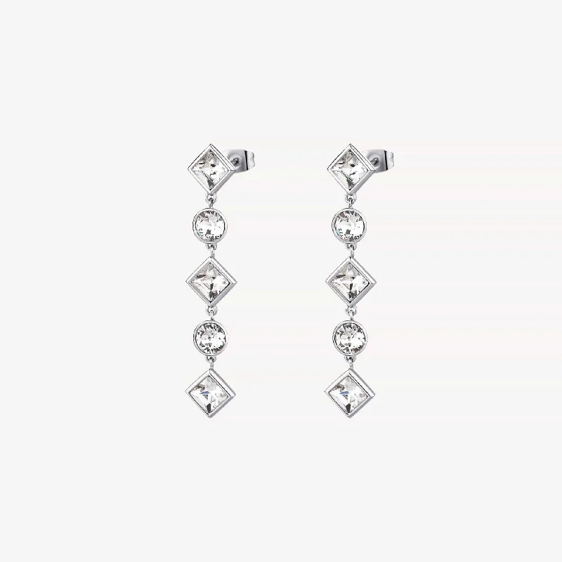 Stainless Steel Long Round & Square Crystals Earrings