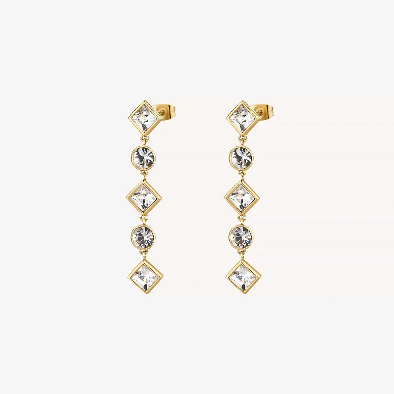 Stainless Steel Gold Tone Long Round & Square Crystals Earrings