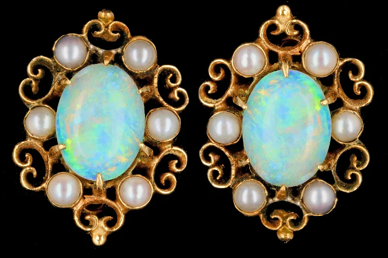 Victorian Revival Opal and Seed Pearl Earrings