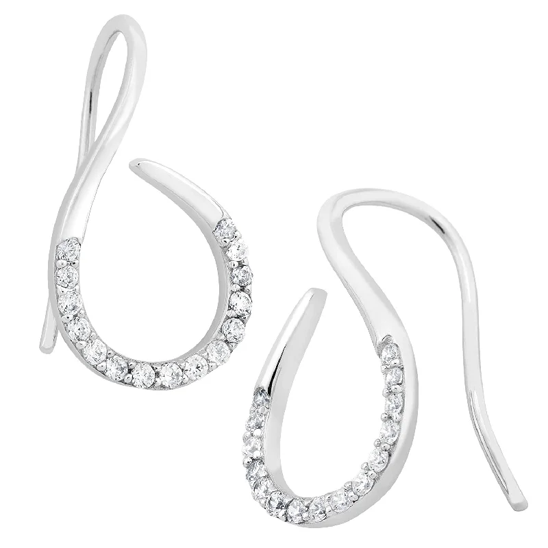 CZ Curved Earrings, Rhodium Plated Sterling Silver