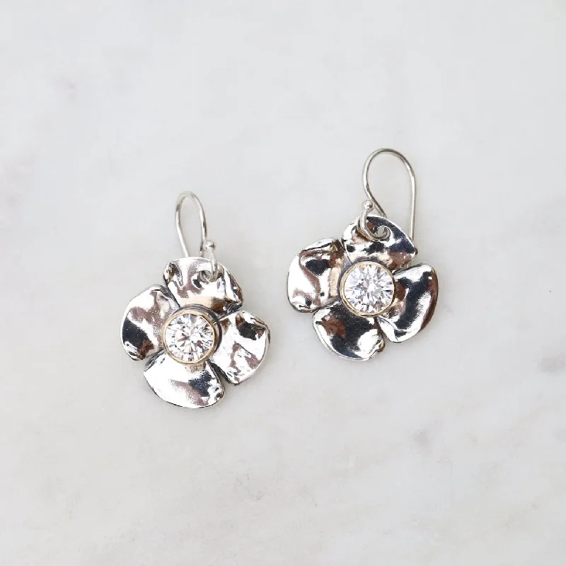 Small Petal Flower with CZ Centers & 14k Gold Bezels Earrings