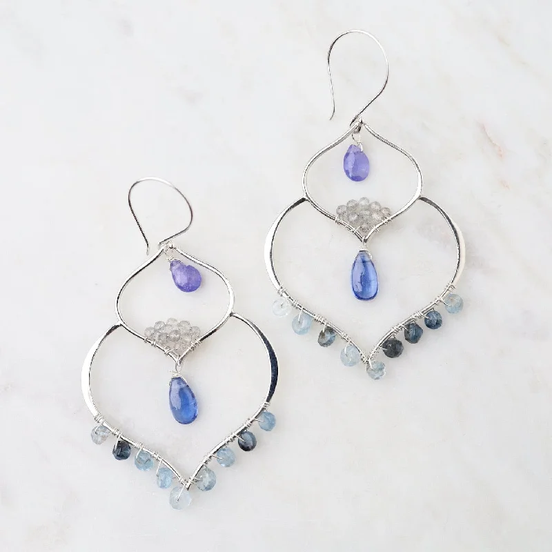 Silver Double Lotus, Kyanite, Moss Aquamarine Earring