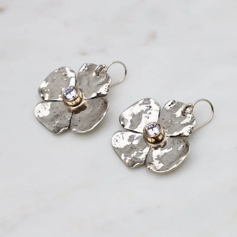 Large Petal Flower with CZ Center & 14k Gold Bezel Earrings