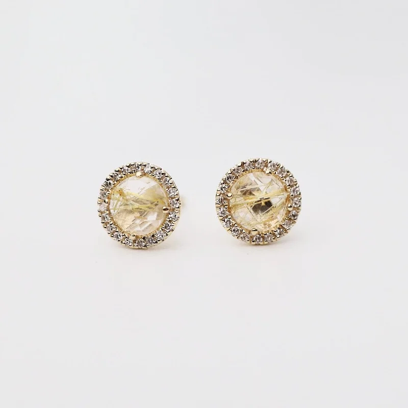 Rose Cut Golden Rutilated Quartz with White Diamond Halo Post Earrings