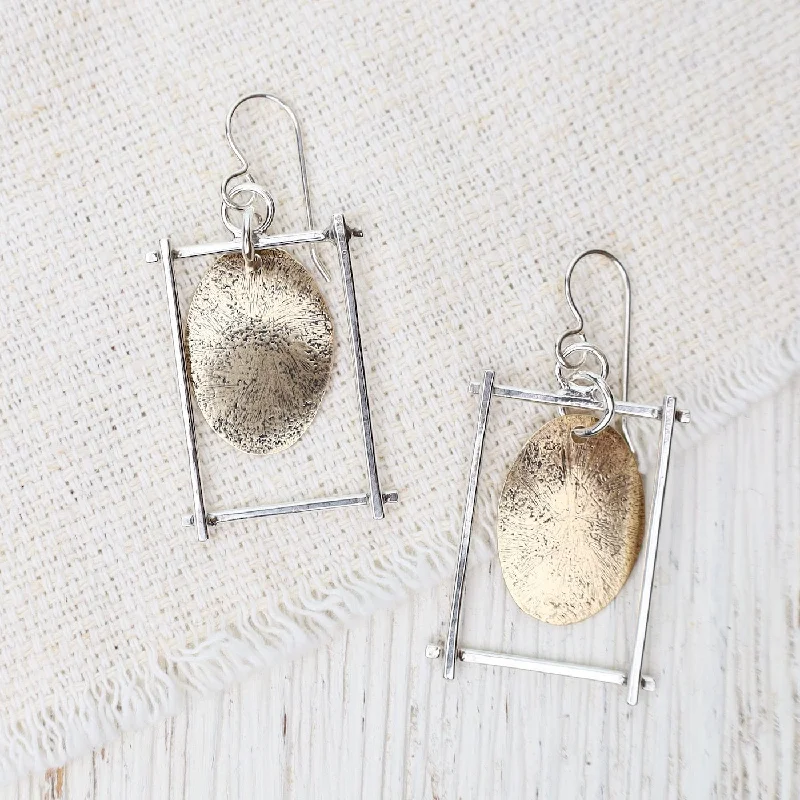 Hammered Brass Disc In Sterling Silver Frame Earrings