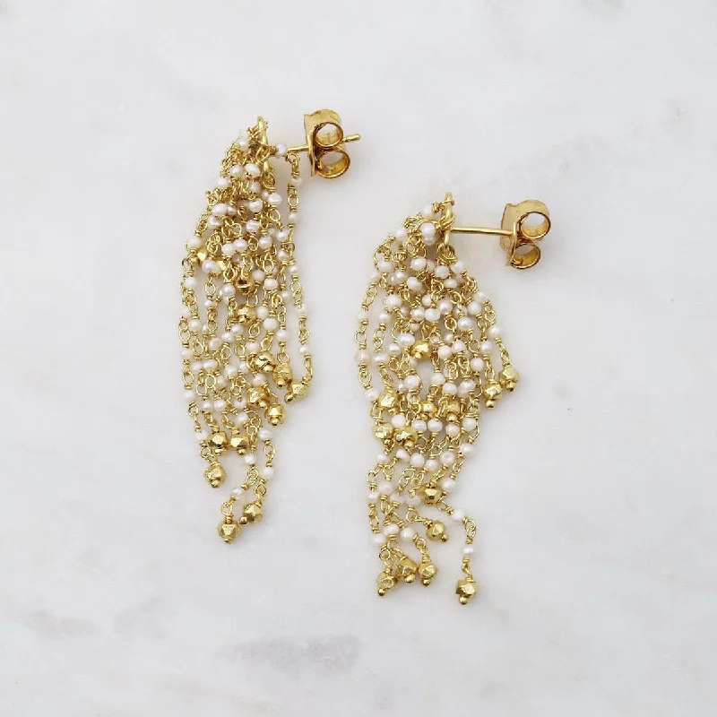 Pearl Waterfall with Gold Beads Earrings