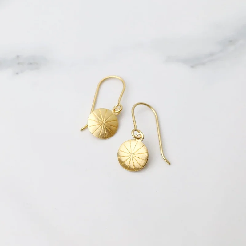 Puffed Disc Earrings with Rays - Brushed Gold Vermeil