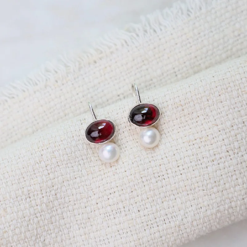 Oval Garnet Cabochon Earrings with White Pearl