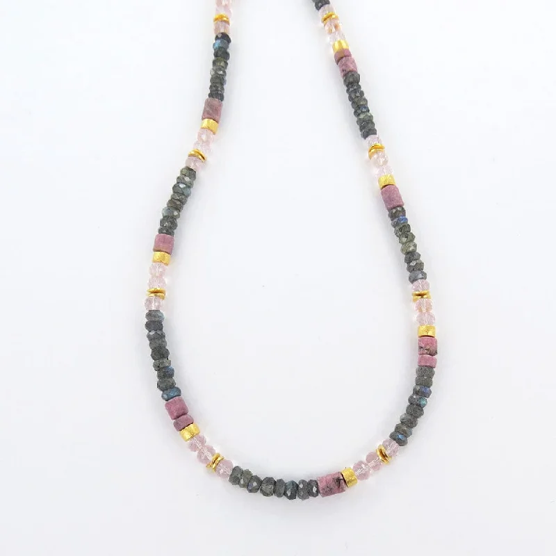 LABRADORITE ROSE QUARTZ AND RHONDITE NECKLACE