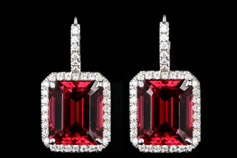 New 14K & 18K White Gold 19.1 Carat Rubellite Tourmaline and Diamond Halo Earrings