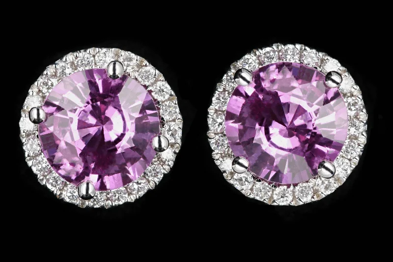 New 18K White Gold 2.5 Carat Pink Sapphire and Diamond Halo Earrings