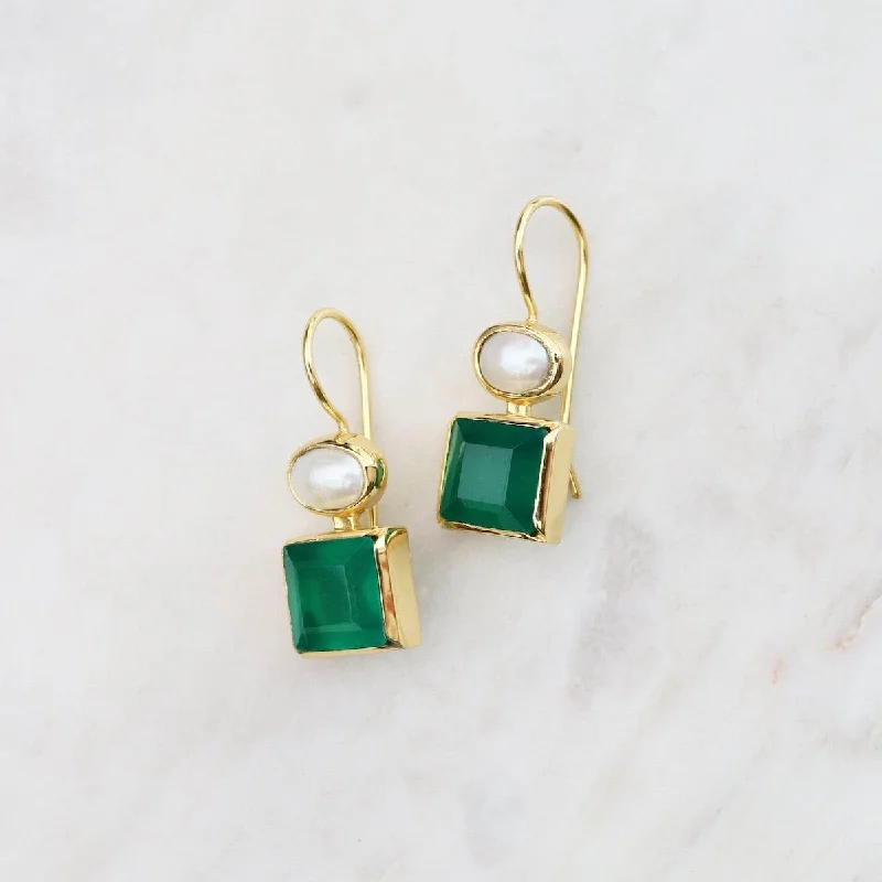 Oval Pearl & Square Green Onyx Earrings Gold