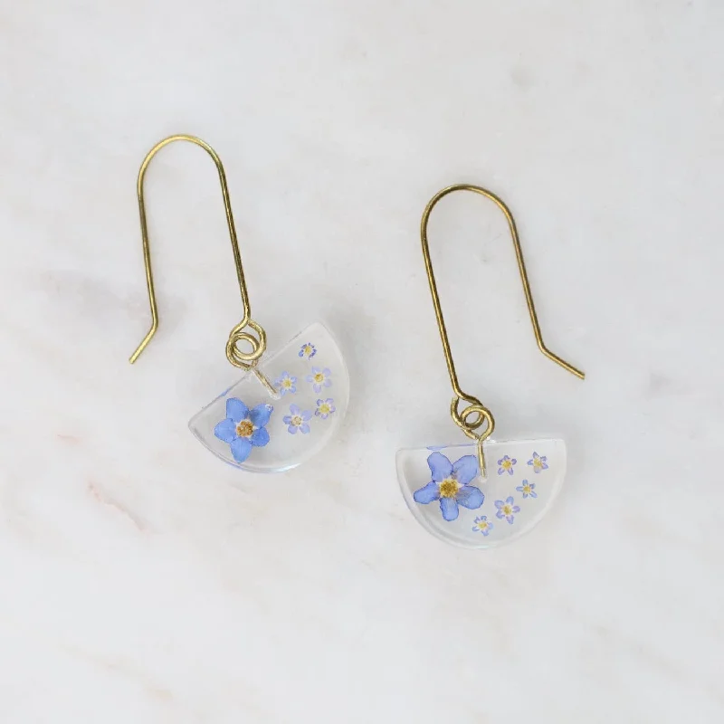 Botanical Half Moon Forget Me Not Flower Earrings