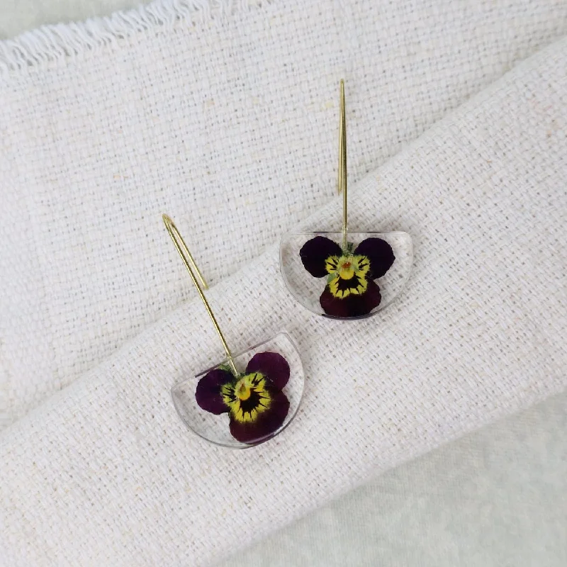 Botanical Small Half Moon Purple Viola Flower Earrings