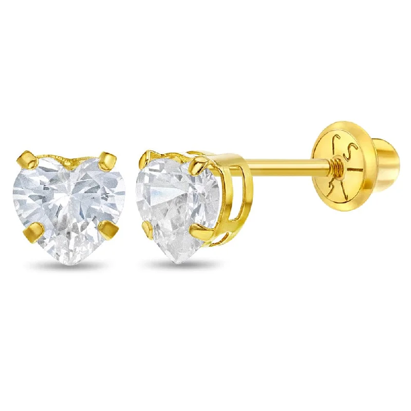 14k Classic 5mm CZ Heart Earrings - Screw Back